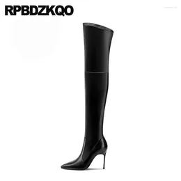 Boots Over The Knee Pointed Toe Dance High Heel Metal Women Thigh Exotic Dancer 10 Extreme Slim Fetish Stiletto Big Size Shoes