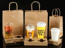 Disposable Kraft Paper Coffee Cup Holder with Handle Bag Set Takeout Milk Tea Juice Packing Tools Take Away Drinks Cup Shelf SN1023 ZZ