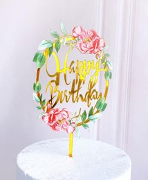 New Home Colored flowers Happy Birthday Cake Topper Golden Acrylic Birthday party Dessert decoration for Baby shower Baking suppli5211531