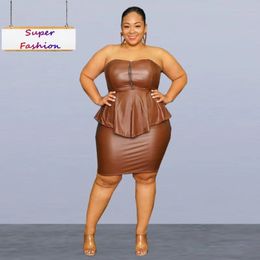 XL-5XL Plus Size Skirt Two Piece Sets Women Clothing Sexy Club PU Tube Top Hip Wrap Sleeveless Bodycon Lady Outfit Drop 240603