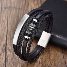 Bangle High Quality Mens Leather Bracelet Stainless Steel Multi-layer Combination Accessory Fashion Man Jewellery Wholesale Dropshipping Y240601LZZ9