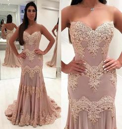 Pink Lace Appliqued Mermaid Prom Dress 2019 Modest Strapless Formal Evening Pageant Gown Plus Size Pageant Dresses Custom Made9329087