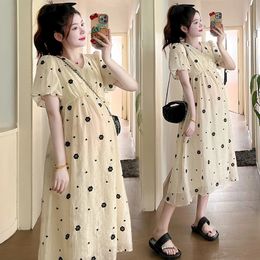 Summer Style Korean Style Floral Embroidered Long Dress High Waist Puff Sleeve V-Neck Pregnant Woman Chiffon Dresses Loose 240603