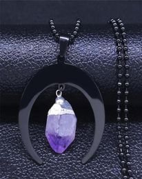 Pendant Necklaces Witchcraft Divination Moon Purple Natural Crystal Stainless Steel Necklace Women Black Color Jewelry Bijuteria N1197388