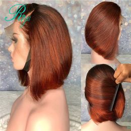 Side part 13X4 150% Red orange Ombre Colour brazilian full lace front wig Short Bob Cut Blunt Pixie synthetic Wigs For Black Women Rsqpk