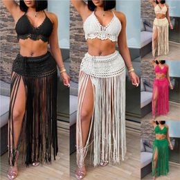 Dress For Women Beach Outfit Beachwear 2024 Coverup Suit Pure Bikini Top Extended Fringe Skirt Two Piece Set Solid Acrylic