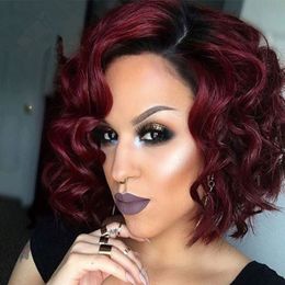 Side part deep body wave Glueless Synthetic Lace Front Wigs Ombre red Short Bob Synthetic Wigs for Black Women natural hairline Cofle