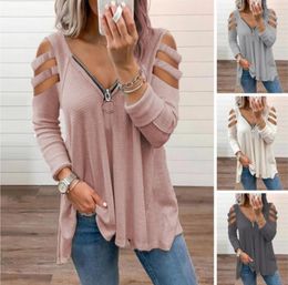 Womens T shirt Blouse Long Sleeve Loose Cotton Blend Women Hollow Out Cold Shoulder Tshirt Top for Spring8092720