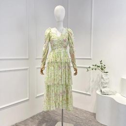 Vestidos casuais 2024 Desigin Srping Summer Top qualidade de seda verde impressão floral de mangas compridas Midi Women Dress Dress