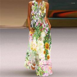 Casual Dresses Ladies Spring Summer Elegant Dress Women Long Loose Sleeveless V-neck Beach Woman Floral Print Women's 2024