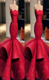 New Arrival Red Mermaid Prom Dress 2019 Strapless Sparkly Beaded Lace Floor Length Ruffled Arabic Pageant Evening Gowns8409360