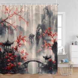 Shower Curtains Abstract Mountain Ink Landscape Watercolour Floral Pavilion Lake Waterfall Chinese Style Art Home Bathroom Decor