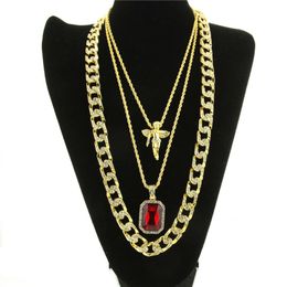 Mens Hip Hop Necklace Ruby Pendant Necklaces Fashion Cuban Link Chain Jewellery 3Pcs Set 305Q