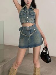 Work Dresses Summer Designer Sexy Two Piece Set Women Pockets Korean Fashion Mini Skirt Suit Female Sleeveless Tops Vintage 2024