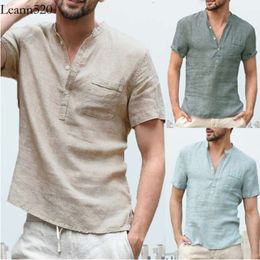 Summer new cotton and linen men's T-shirt stand collar button up half open front simple short sleeved shirt