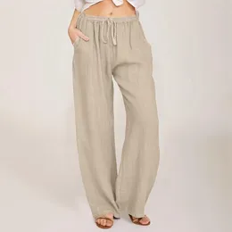 Women's Pants 2024 Cotton Linen For Women Stacked Loose Vintage Solid Basic High Waist Wide Leg Trousers Summer