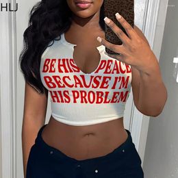 Women's Tanks HLJ 2024 INS Fashion Y2k T Shirts Letter Print Crop Tops Girls Streetwear Short Sleeve Slim-fit V-neck Tees Shirt White