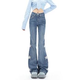 Women's Jeans Chic Retro Stars Print Women Solid Colour Denim Flare jeans woman Summer High Waist Female Full Length Pants Bell-Bottom Vintage Y240422