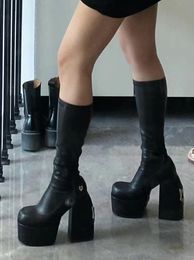 Designer-Stiefel Luxus Frauen Gewürze schwarze Stretchstiefel Umfang Streckverkleidung Strecken obere Material High Heel Plattform Stiefel Größe 35-41