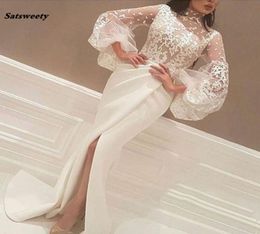 White Muslim Evening Dresses Mermaid High Collar Long Sleeves Lace Slit Islamic Dubai Saudi Arabic Long Evening Gown Prom4363228