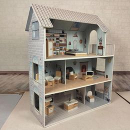 Party Favour Wooden Dolls House For Girls Kids 3 Storey Wood Dollhouse With Furniture And Accessories Preschool Toy Doll