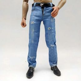 Light Blue 1/6 Scale Ripped Jeans Make Old Pants with Black Belt Clothes Model for 12 Male Soldier Action Figure Toy Collection 240601