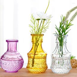 Vases Nordic Relief Art Glass Vase Retro Mini Colorful Transparent Hydroponic Flower Bottle Desktop Ornaments For DIY Home Decor
