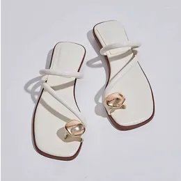 Slippers Rubber Flip Flops Shoes Woman's Square Toe Slides Low Beige Heeled Sandals Hawaiian 2024 Flat Summer Soft Black Casual