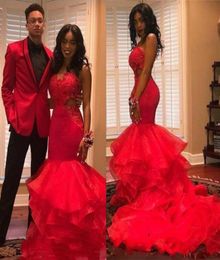 Red Organza Long Ruffles Mermaid Evening Dresses 2019 Sexy Cutaway Sides Applique Spaghetti Straps Pageant Party Prom Gow3682017