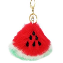 Plush Keychains Bag Parts Accessories Fashionable Pom Cute Keyring Car Fruit Charm Watermelon Soft Rabbit Fur Ball Keychain Key Pendant WX5.30
