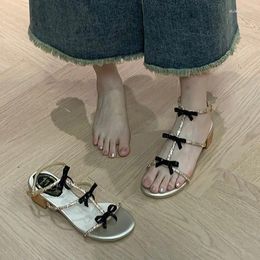 Casual Shoes Female Sandal Low-Heeled With Strap 2024 Summer Med Girls Fashion Comfort Buckle Block Medium Bow Beige