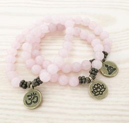 SN1107 Genuine Rose Quartz Bracelet Antique Brass Om Buddha Lotus Charm Bracelet Gift For Her7365845