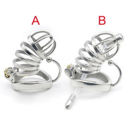 2 Styles Male Cage Devices Stainless Steel Cock Ring with Catheter Penis Lock Bondage Sex Toy For Men7653472