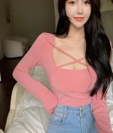 Knitted T Shirt Women039s Spring Summer Tops Thin Cross Square Neck Sexy Tight Short Bottomed TShirt Pink Long Sleeve Tees QY748463384