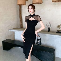 Elegant Celebrity Banquet Dress Long Dress High End Summer New Short Sleeved Hollow Black French Qipao Evening Dress