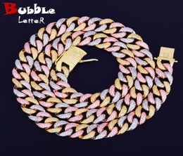 12MM Mixed Colour IcedOut Baguette Cuban Chain Necklace Rose Gold Colour Material Copper Full Cubic Zircon Hip Hop Rock Street3410314