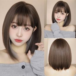 Short Brown Straight Synthetic Wigs with Bangs for Women Bob with Grey Highlights Hair Wig Daily Party Use High Temperature Hair 240527