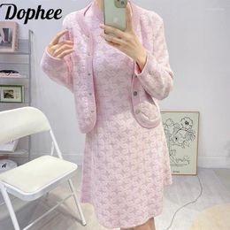 Work Dresses Dophee 2024 E Autumn Elegant Lady Jacquard O-neck Short Sleeve Knitted Dress Pink Long Metal Button Cardigans Coat