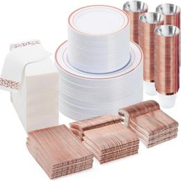 Plates 100 Disposable Cups 10 Oz Dish 700Pcs Silver Dinnerware Set-200 Plastic Complete Tableware Dinner