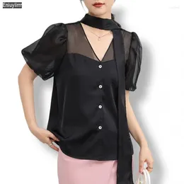 Women's Blouses Black Mesh Tops S Fashion Women Summr Short Sleeve Lace-Up V Neck Office Lady Button Shirts