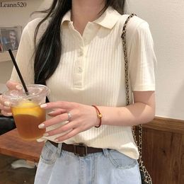 Cute Student Polo Neck Short T-shirt Women's Summer Fit Slim Half Sleeve Top Small Pit Striped Bottom Shirt