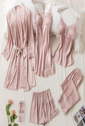 5pcs Pink Silk Robe Sleep Suit Womens Lace Satin Pyjamas Gown Set VNeck Cami Nighties Wear Pijama Home Nightwear Spring Pyjamas Q8992978