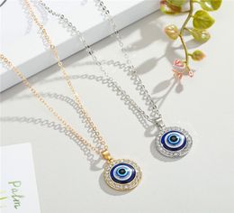 Pendant Necklaces 1pc Lucky Round Turkish Rhinestone Chain Necklace Women Choker Vintage Blue Eye Clavicle Chains Jewelry6180018