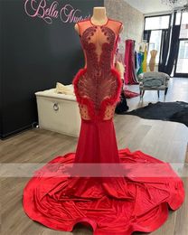 Luxury Red Rhinestones Prom Dresses For Black Girls 2024 Beading Crystals Feathers Evening Dressses Birthday Party Gowns