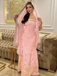 Elegant Arabic Dubai Strapless A-Line Evening Dresses With Gold Embroidery Beaded Blush Pink Kaftan Prom Dress Caftan Formal Occasion Gown For Women Vestidos De Gala