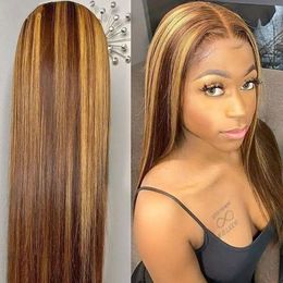 Long Straight Hair Highlight None Lace Frontal Brazilian Wigs Honey Blonde Ombre Brown Synthetic Wig For Black Women Iulki