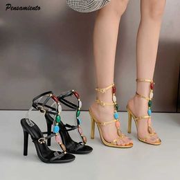 Dress Shoes Fashion Summer Coloured Gemstone Narrow band Women Sandals Elegant Stiletto High heels Gladiator Female Party Prom H240603