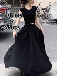 Work Dresses 2 Pcs Sets Women Clothing Sleeveless Sexy Crop Tops T-shirts Vintage Maxi Skirts Solid Streetwear Cool Summer Temper Lady