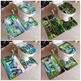 Bath Mats Chinese Style Landscape Mat Set Natural Forest Waterfall Swan Lotus Rustic Scenery Bathroom Decor U-Mats Toilet Lid Cover