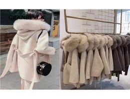 Ladies Luxury Hooded Cashmere Coat Outwear Natural Fox Fur Collar Womens Lamb Wool 2020 Winter Warm Coats C11159534269